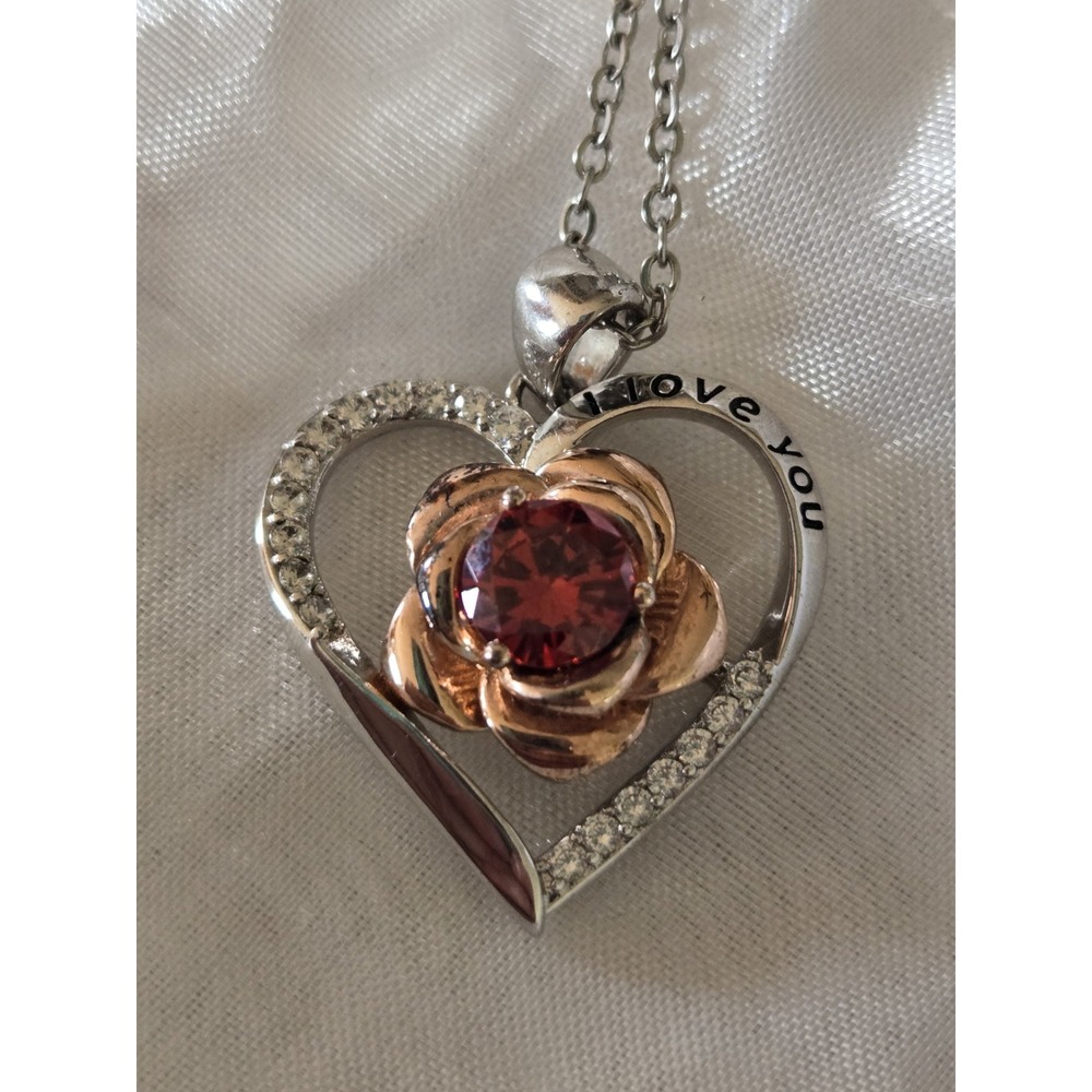 I Love You Heart Necklace 925 S925 Tag Sterling Silver Cubic Zirconia Rose